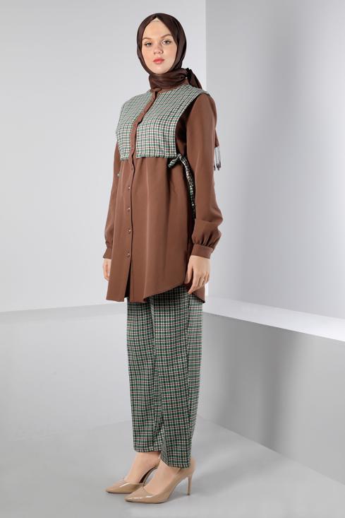 Female  TIE DETAIL HOUNDSTOOTH TEXTURED 2-PIECE PANTS SUIT 43266 
