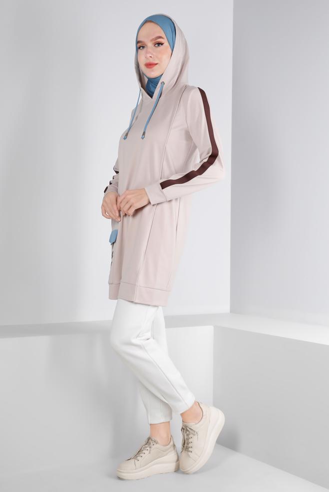 Femelle BEIGE TUNIQUE À CAPUCHE DÉTAILS RAYURES 43296
