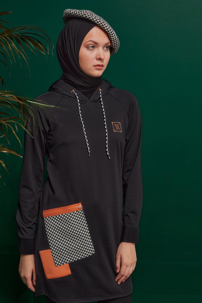 Female black TUNIC WITH HOUNDSTOOTH TEXTURE DETAIL POCKET 43299