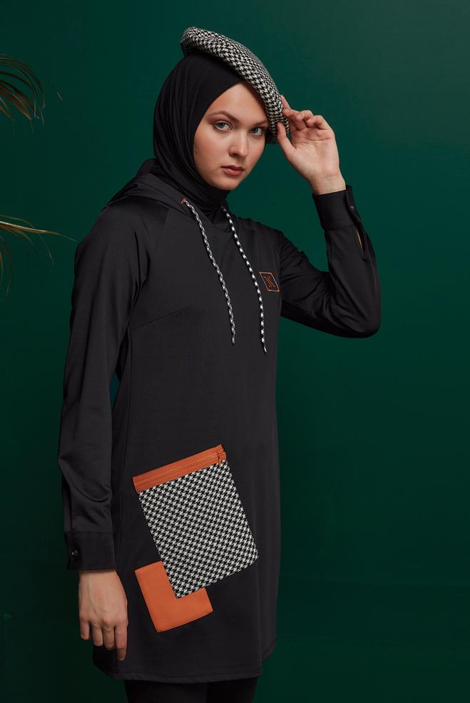 Female black TUNIC WITH HOUNDSTOOTH TEXTURE DETAIL POCKET 43299