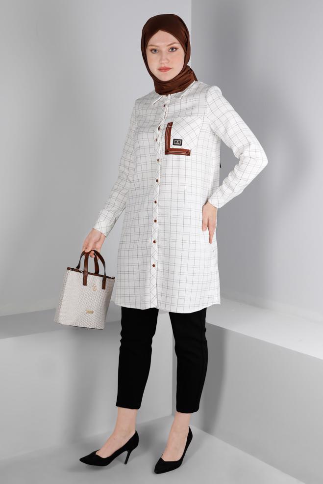 Femelle BEIGE TUNIQUE MOTIF CARREAUX AVEC DÉTAIL POCHE 43455