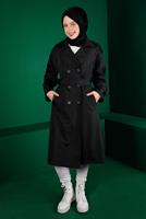 Female black BELTED BUTTONED CLASSIC TRENCH COAT 10666 