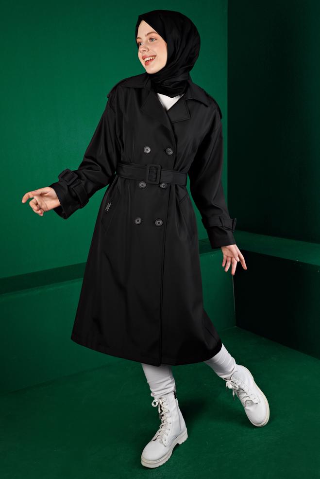Female black BELTED BUTTONED CLASSIC TRENCH COAT 10666 