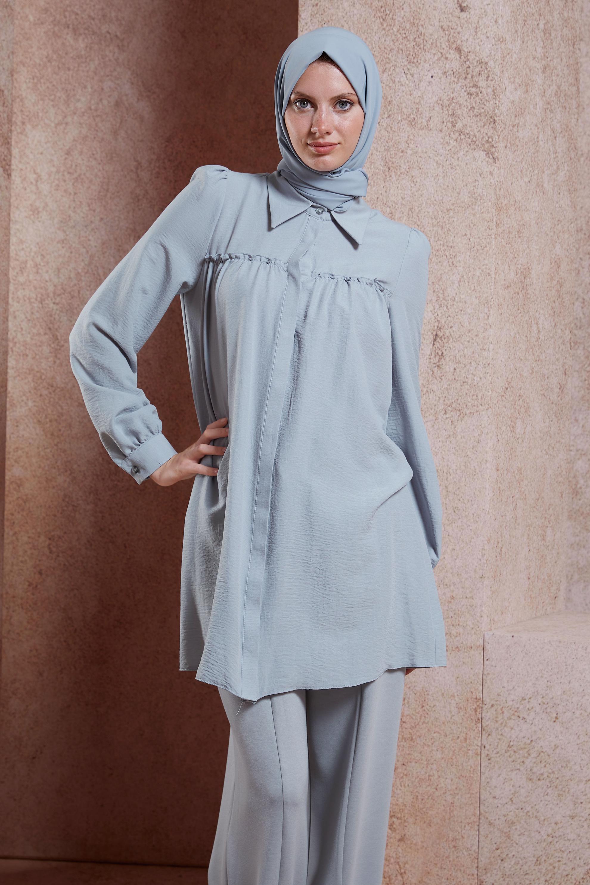 Hijab-Kleidung GRAU TUNIKA MIT HEMDKRAGEN 44489