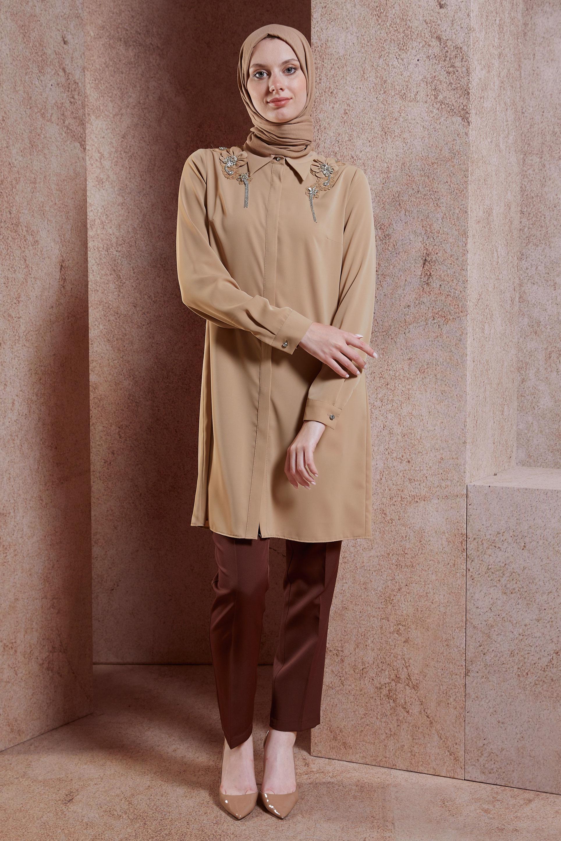 Hijab clothing BEIGE MODEST TUNIC WITH GEM 44667