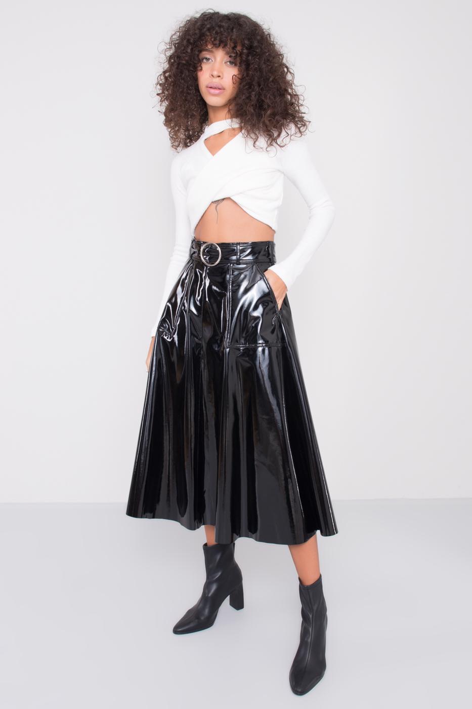 Female Black Vinyl Bell Midi Skirt with Belt