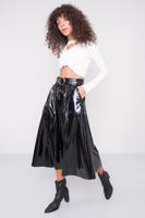 Female Black Vinyl Bell Midi Skirt with Belt