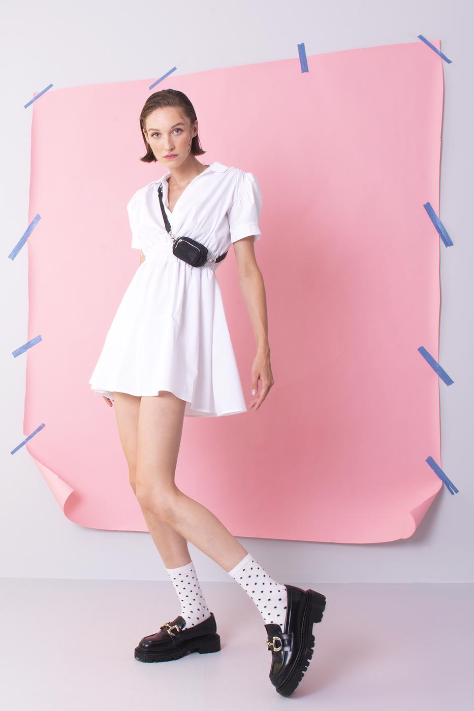 Female White Elastic Waist Band Mini Dress