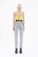 Female Blue Faux Leather Belt Denim Pants
