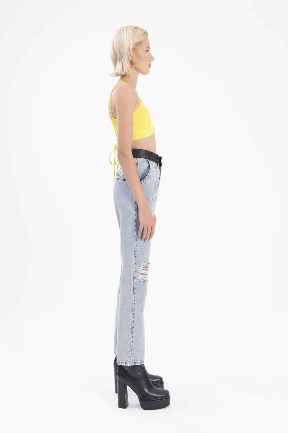 Female Blue Faux Leather Belt Denim Pants