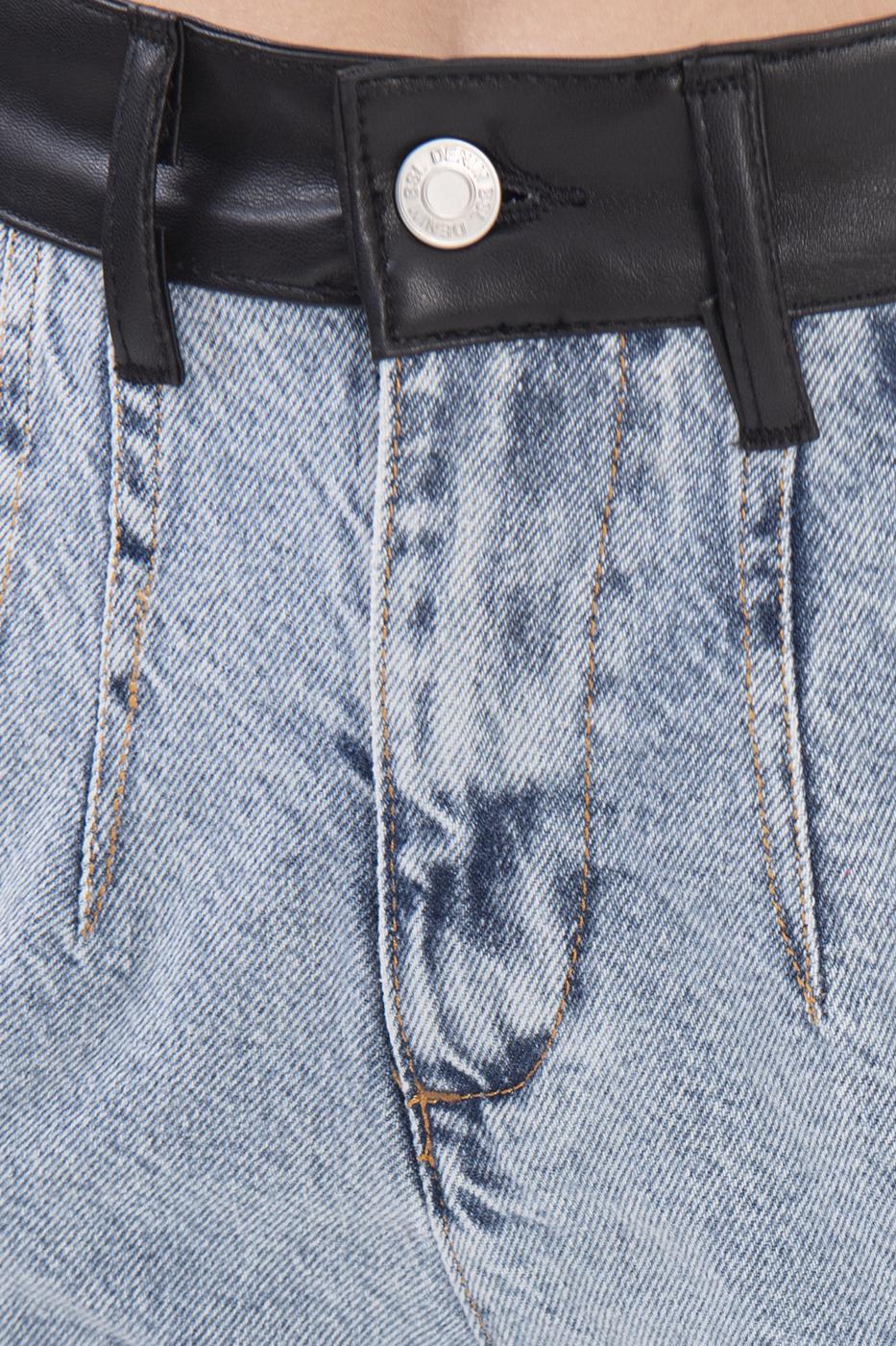 Female Blue Faux Leather Belt Denim Pants