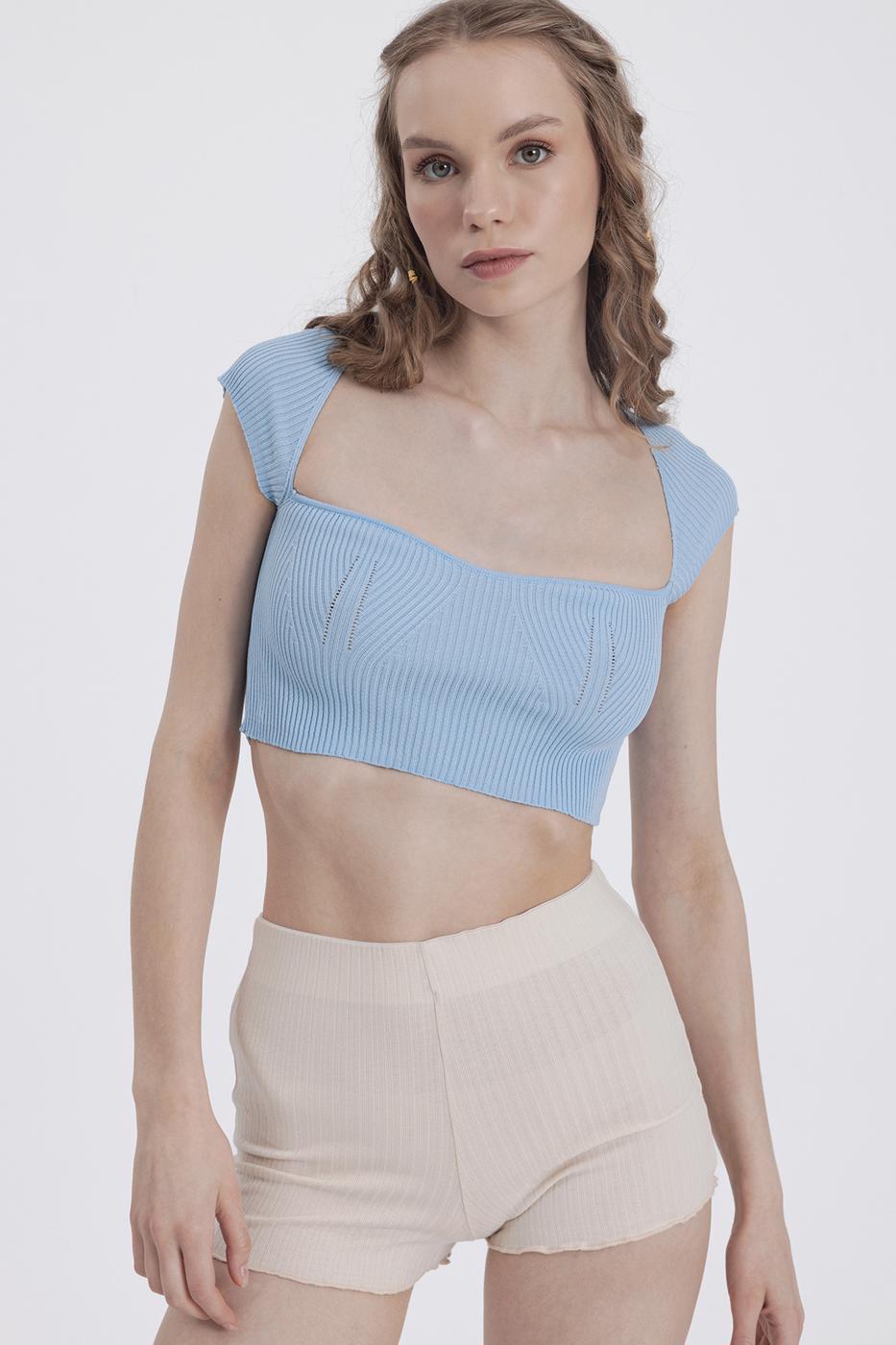 Bayan Mavi Kare Yaka Detaylı Örgü Crop Body