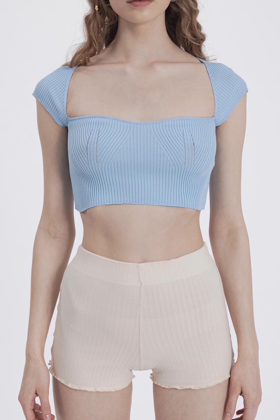 Bayan Mavi Kare Yaka Detaylı Örgü Crop Body