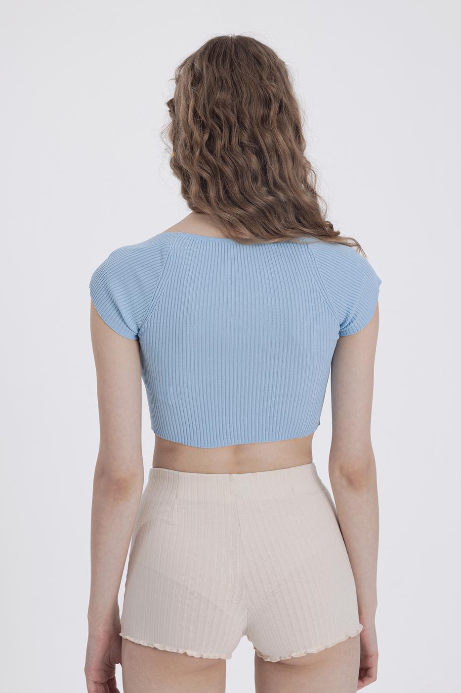 Bayan Mavi Kare Yaka Detaylı Örgü Crop Body