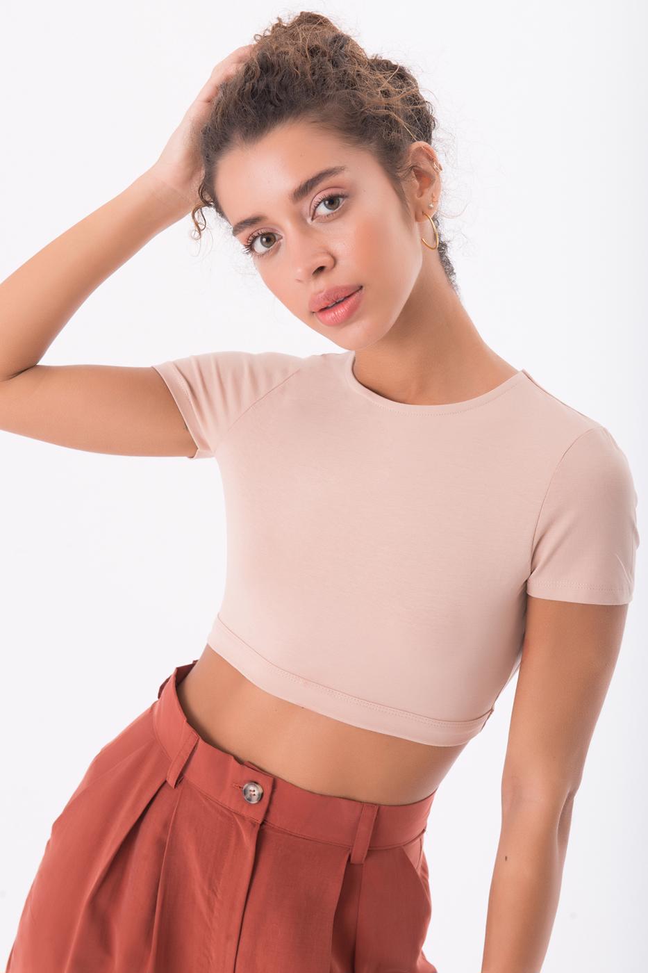 Bayan Bej Sırt Pencere Detaylı Crop Body