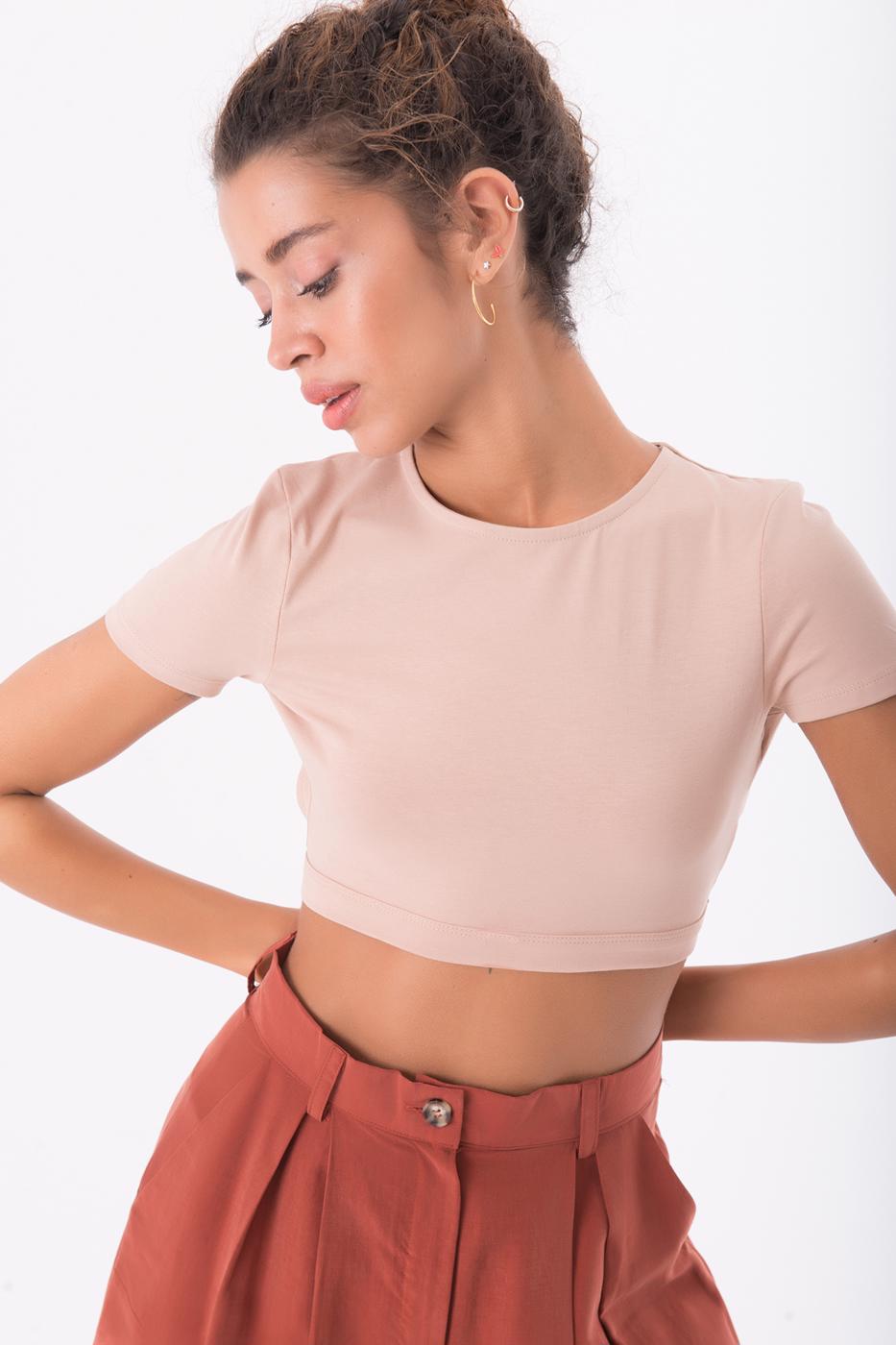 Bayan Bej Sırt Pencere Detaylı Crop Body