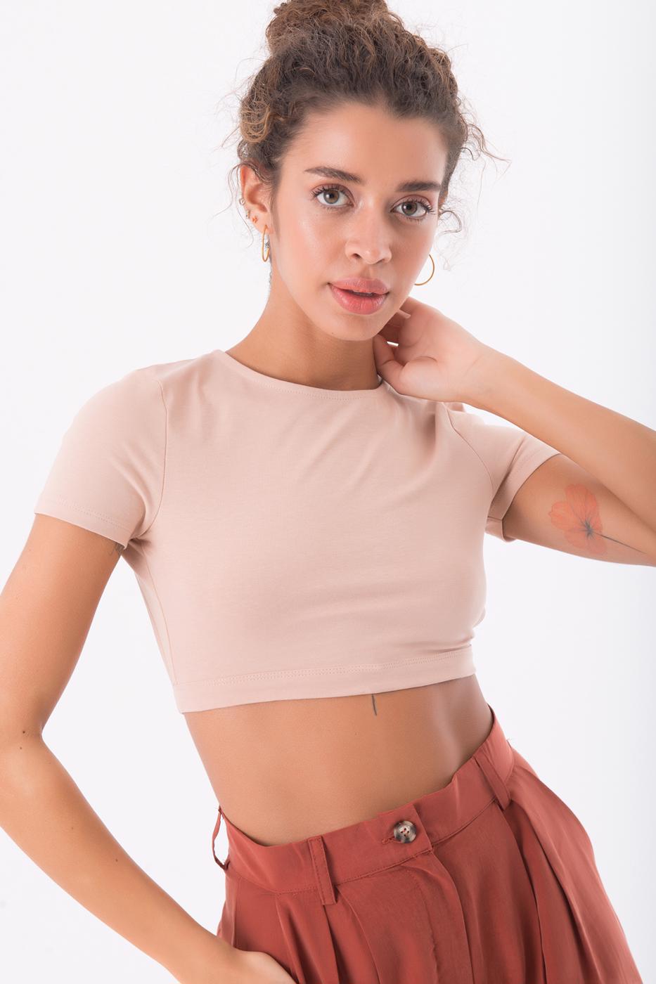 Bayan Bej Sırt Pencere Detaylı Crop Body