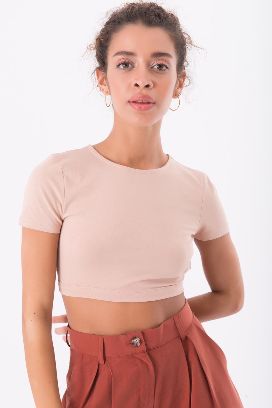 Bayan Bej Sırt Pencere Detaylı Crop Body