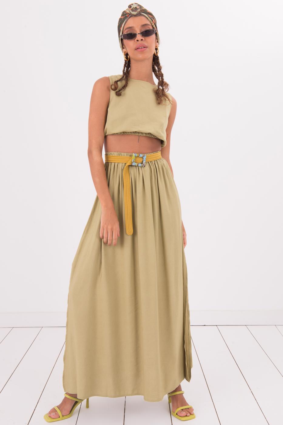 Female Green Shirring Maxi Skirt with Slit