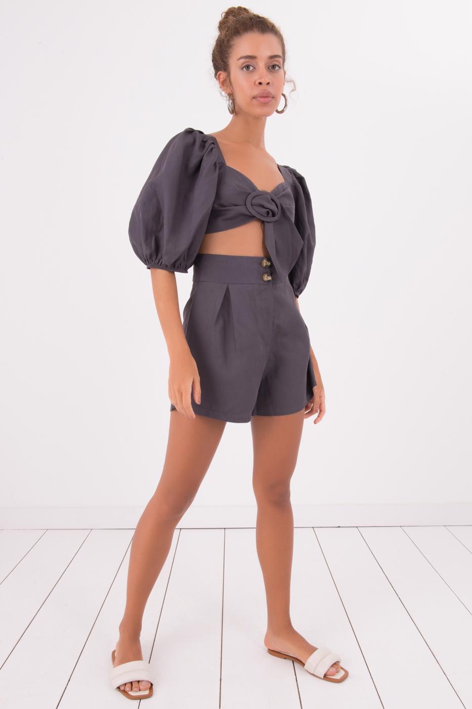 Female Grey Pleated Linen Short