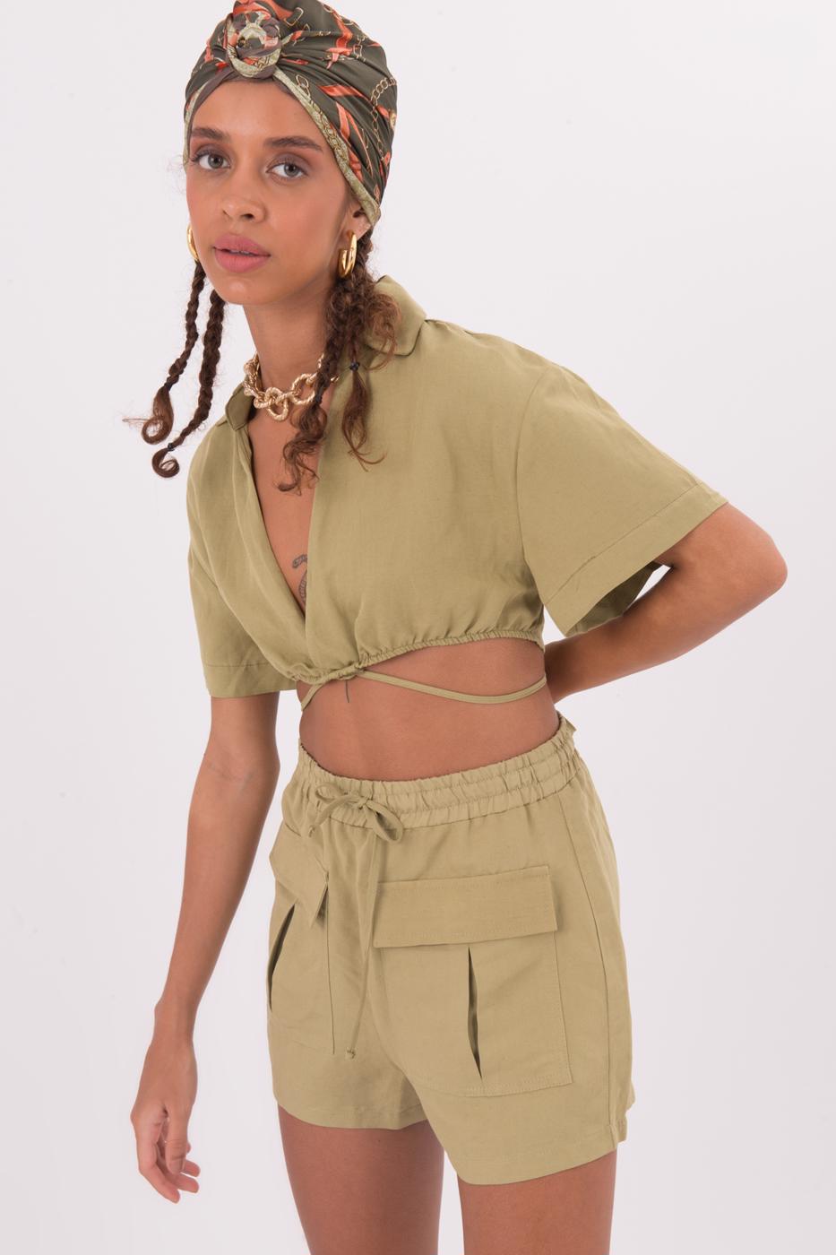 Female Green Elastic Waist Band Short with Pocket