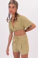 Female Green Elastic Waist Band Short with Pocket
