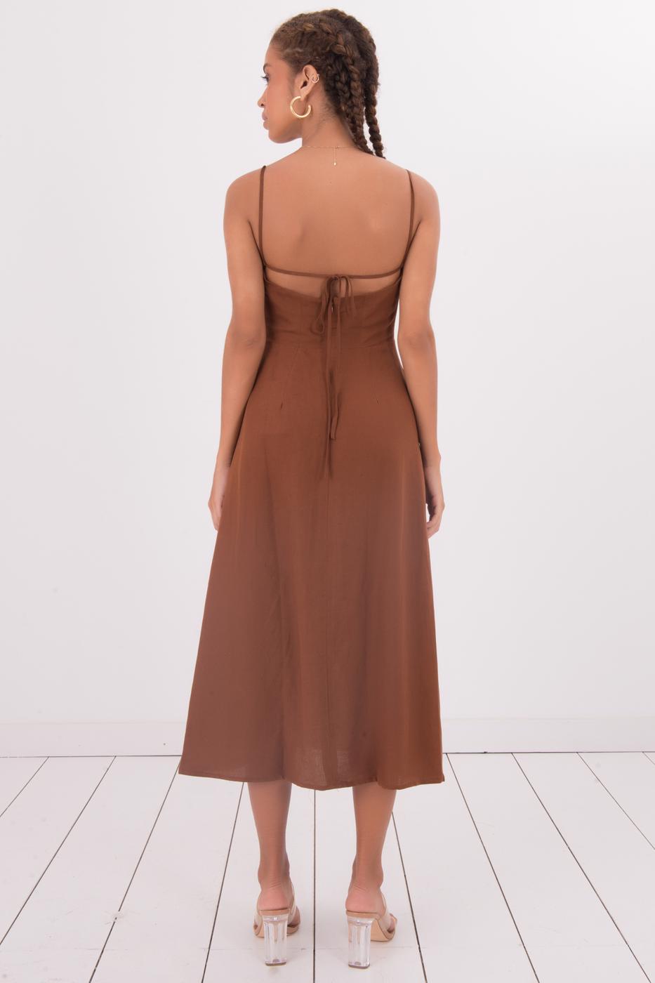 Female Brown Open Back Strapped Midi Dress