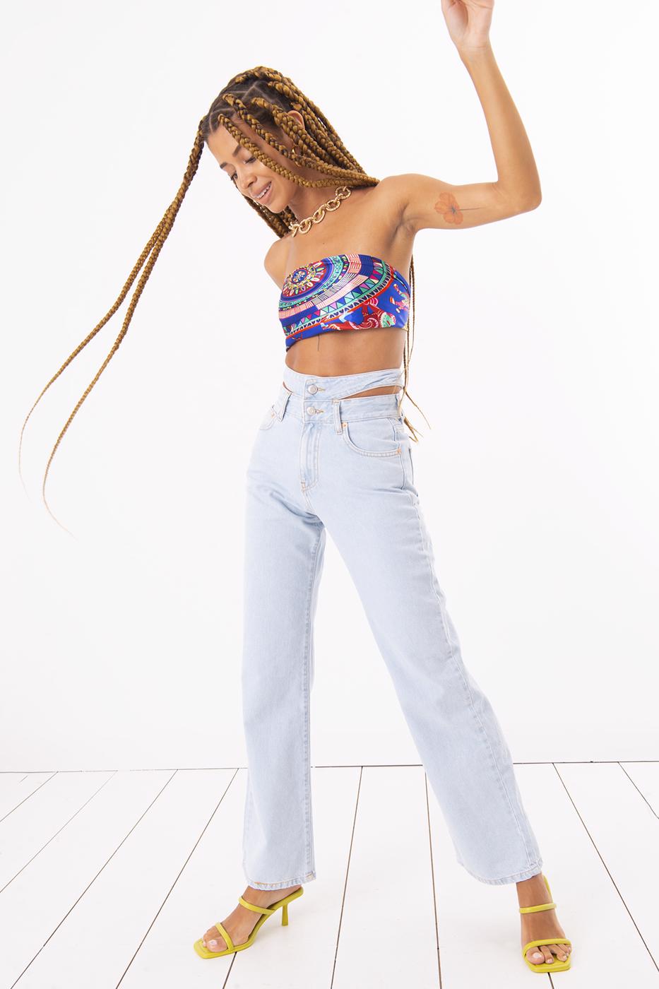 Female Blue Double Belt Denim Pants