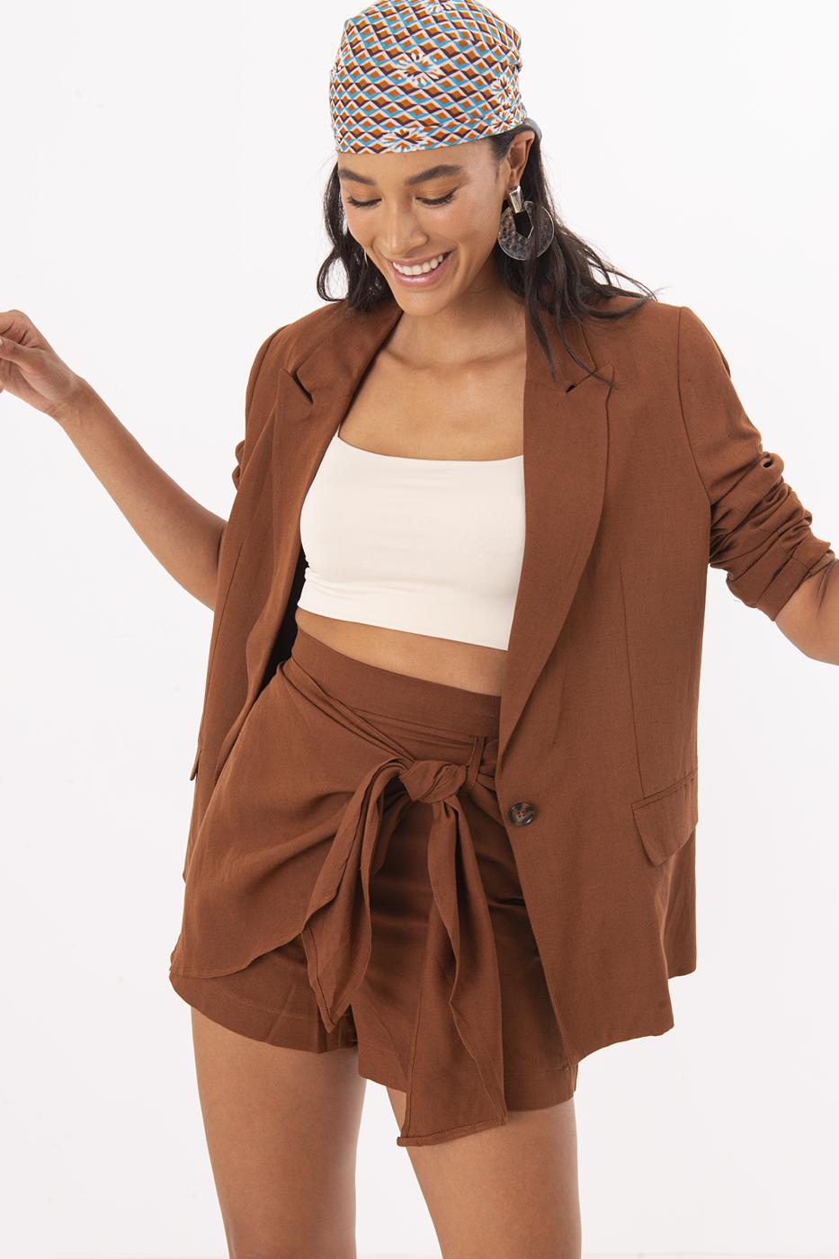 Female Brown Wrap Linen Short
