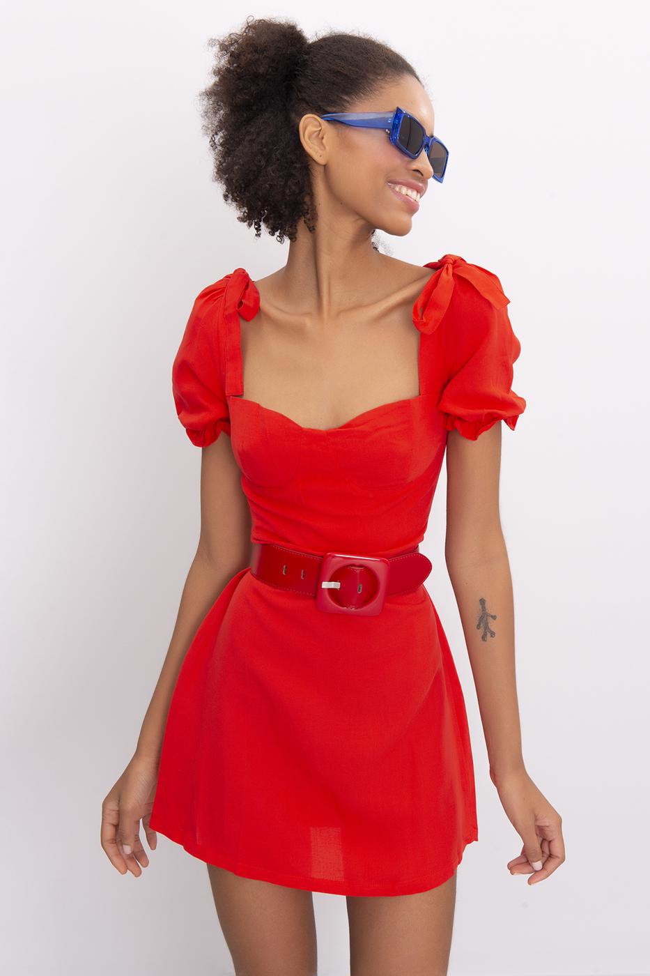 Female Red Linen Mini Dress