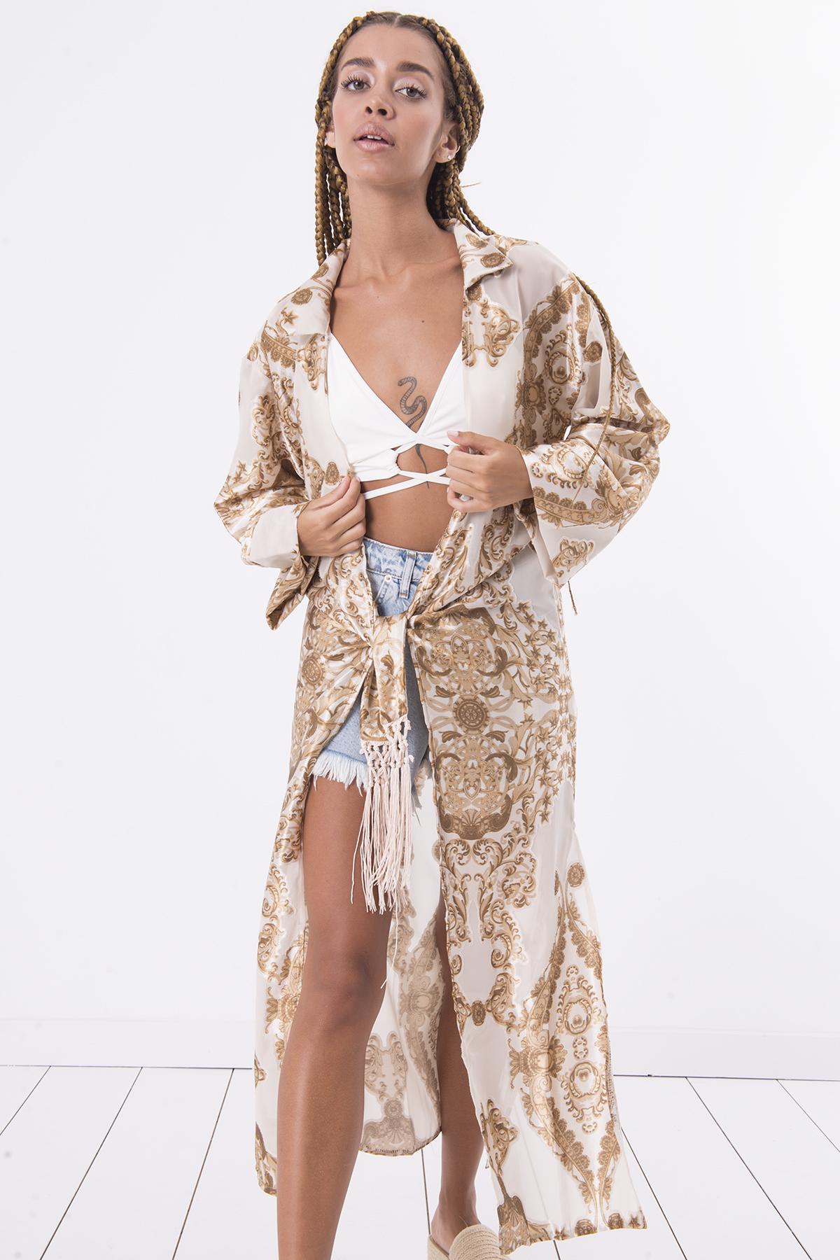 Bayan Ekru Uzun Kollu Yırtmaç Detaylı Kimono