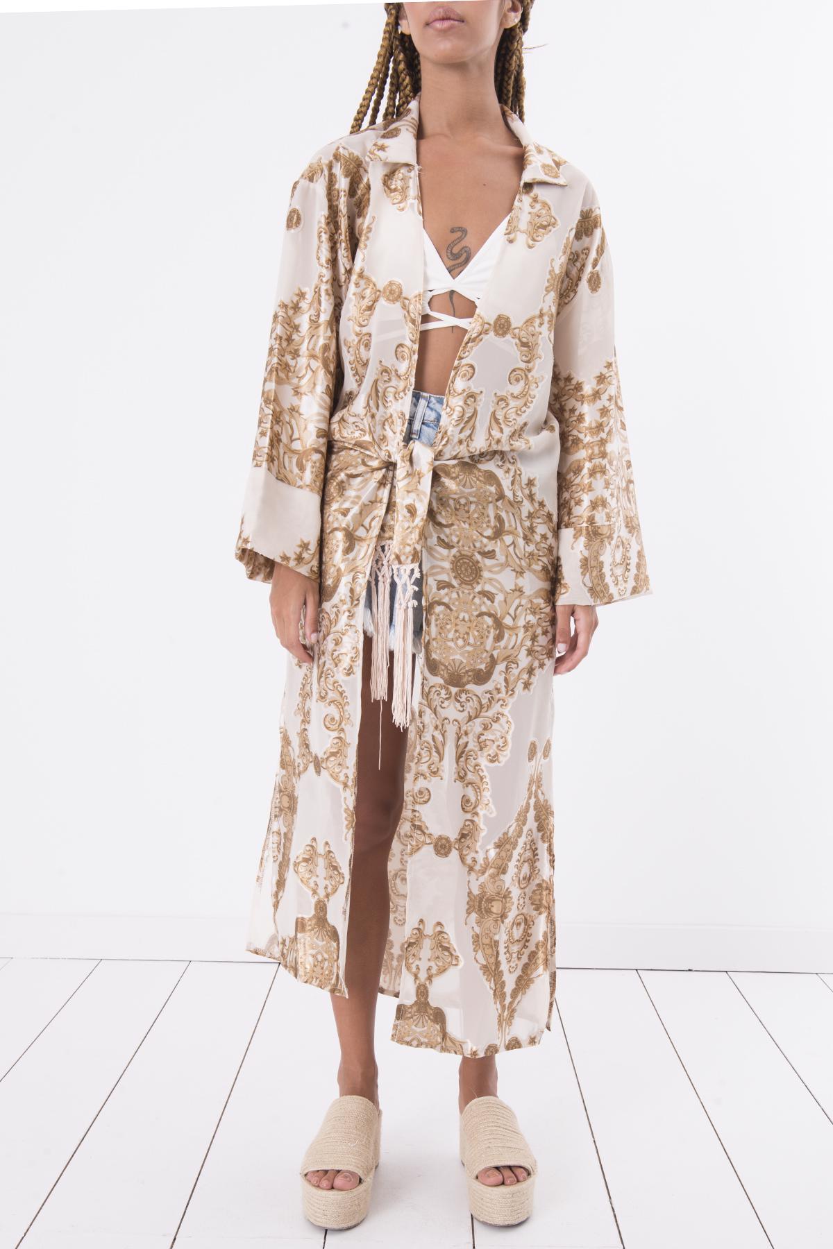 Bayan Ekru Uzun Kollu Yırtmaç Detaylı Kimono