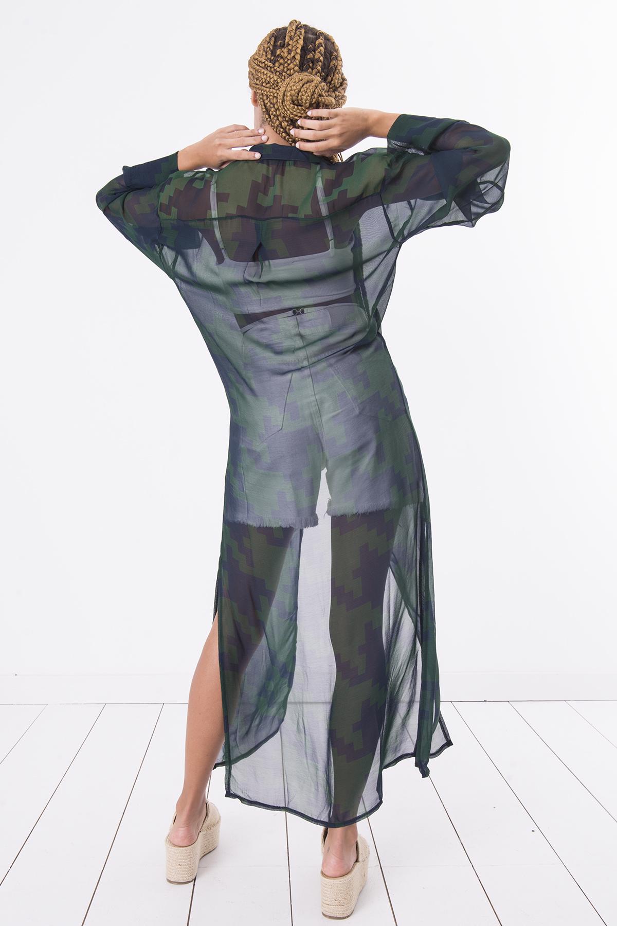 Bayan Yeşil Uzun Kollu Yırtmaç Detaylı Kimono