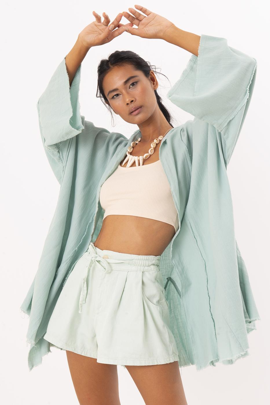 Bayan Yeşil Şal Yaka Detaylı Volanlı Kimono