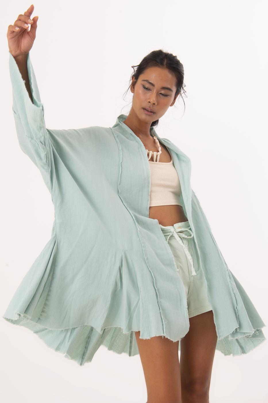 Bayan Yeşil Şal Yaka Detaylı Volanlı Kimono