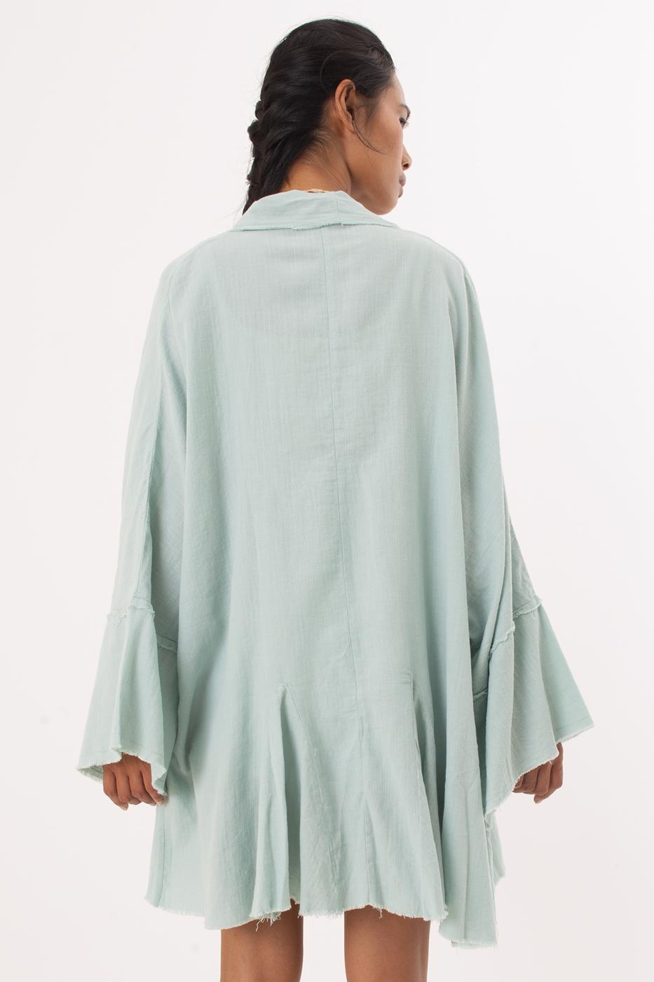 Bayan Yeşil Şal Yaka Detaylı Volanlı Kimono