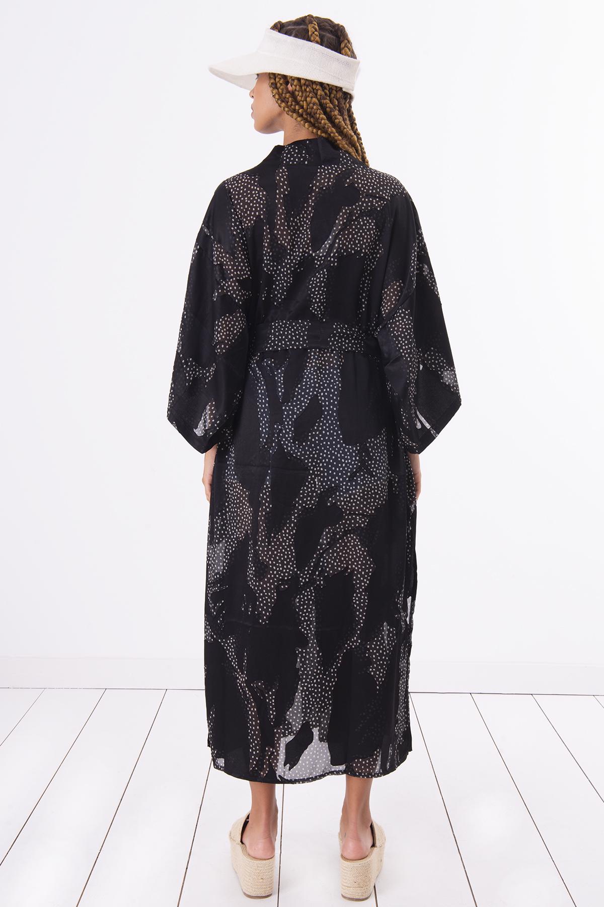 Bayan Siyah Kemer Detaylı Uzun Kimono