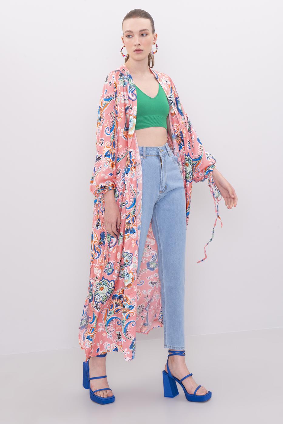 Bayan Pembe Kol Ağzı Büzdürme Detaylı Uzun Kimono
