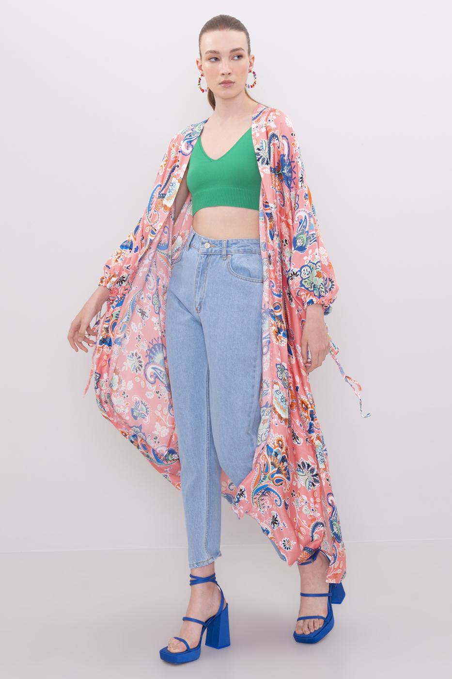 Bayan Pembe Kol Ağzı Büzdürme Detaylı Uzun Kimono