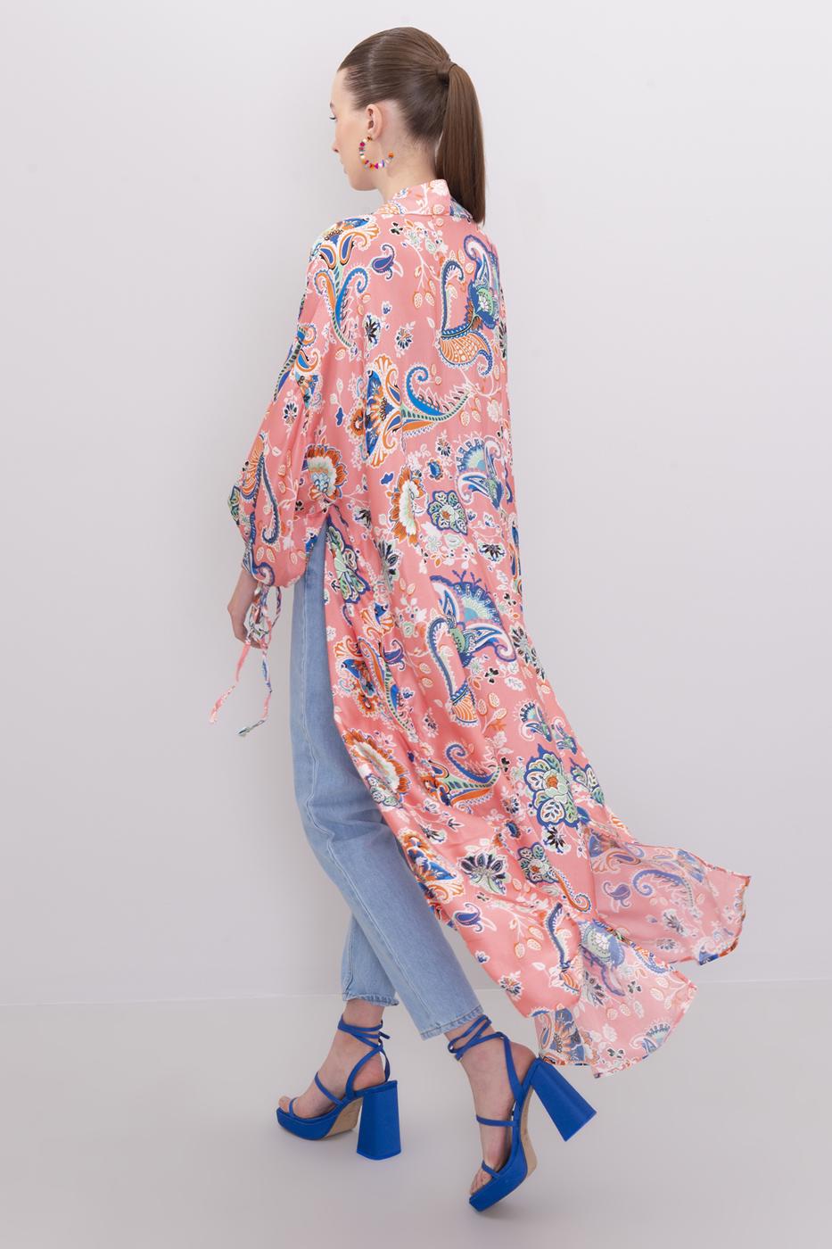 Bayan Pembe Kol Ağzı Büzdürme Detaylı Uzun Kimono