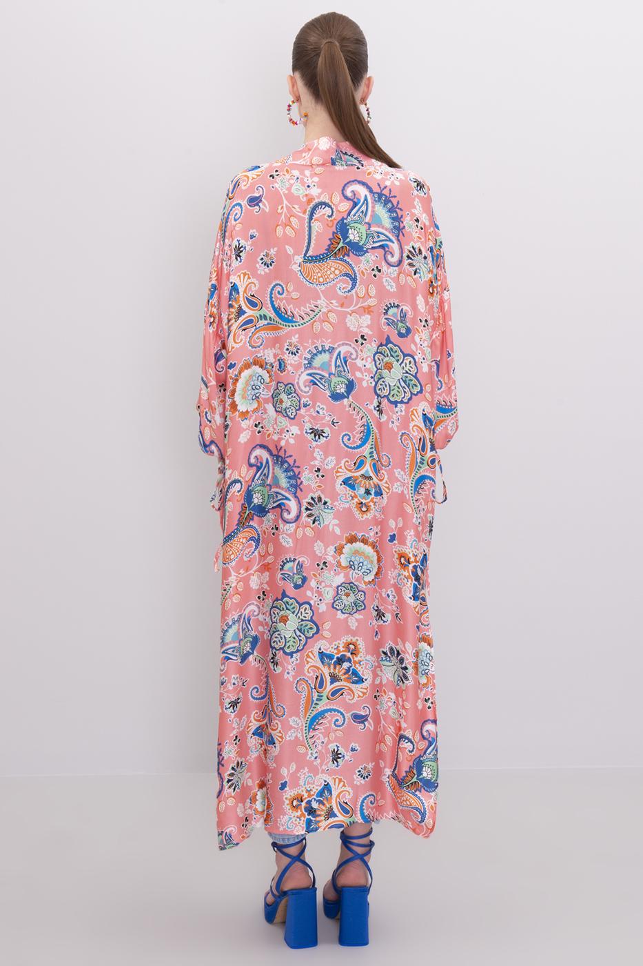 Bayan Pembe Kol Ağzı Büzdürme Detaylı Uzun Kimono