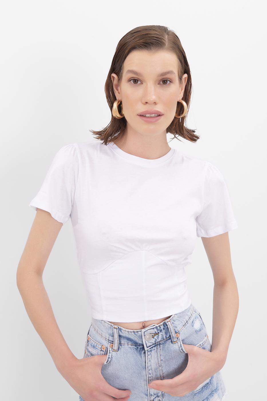 Bayan Beyaz Kol Volan Detaylı Crop Bluz