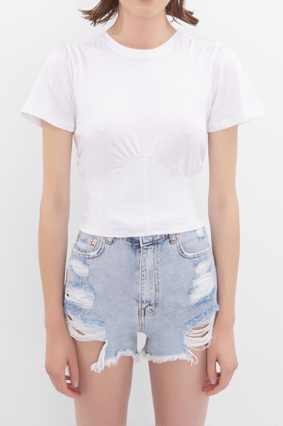 Bayan Beyaz Kol Volan Detaylı Crop Bluz