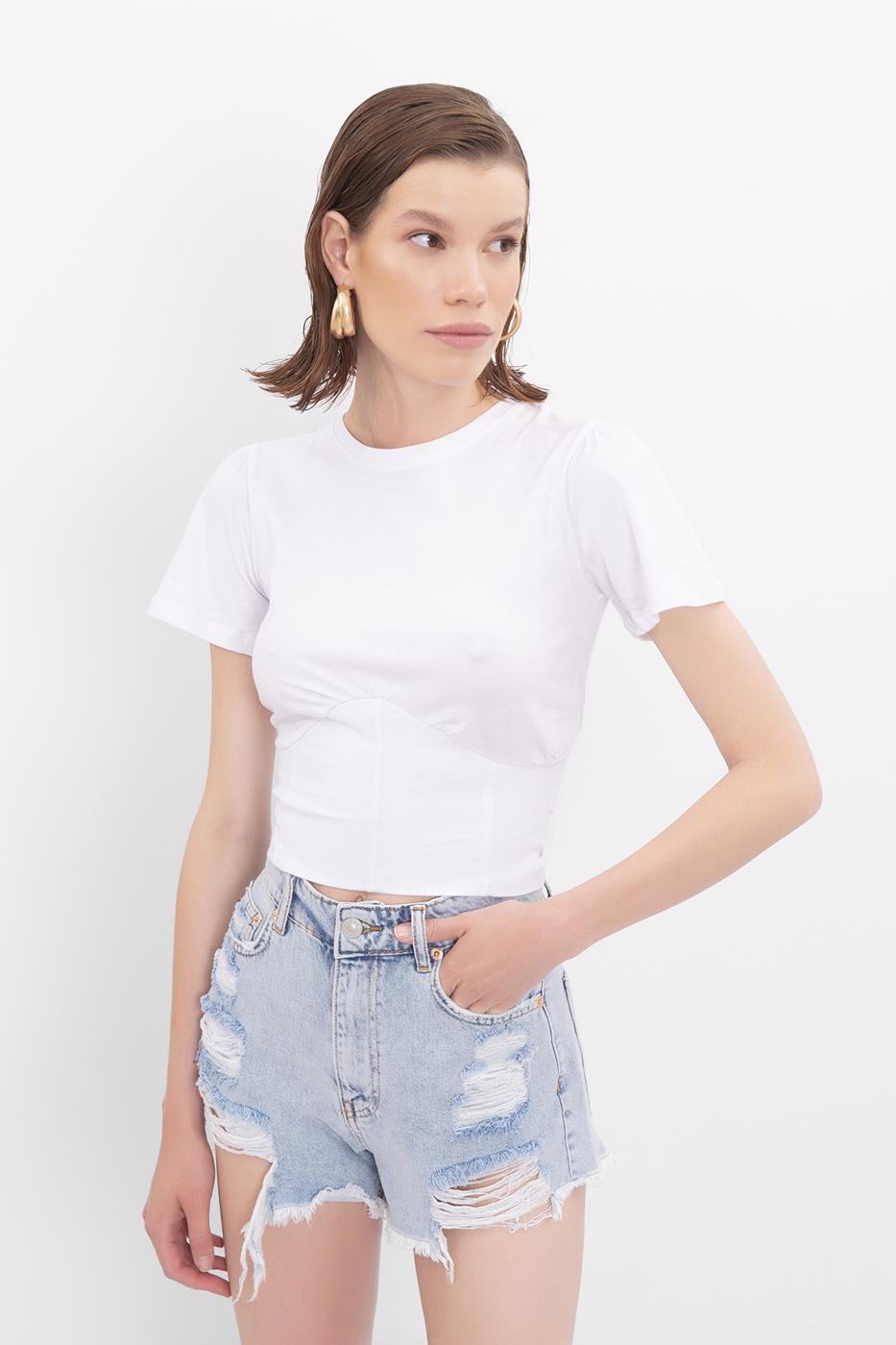 Bayan Beyaz Kol Volan Detaylı Crop Bluz