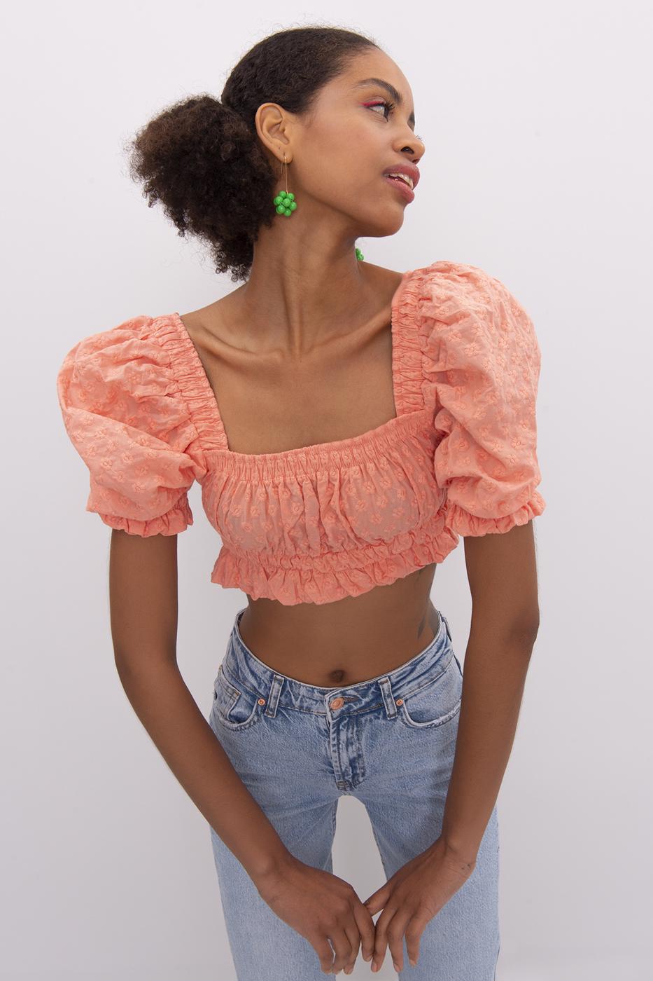 Bayan Somon Kare Yaka Detaylı Crop Bluz