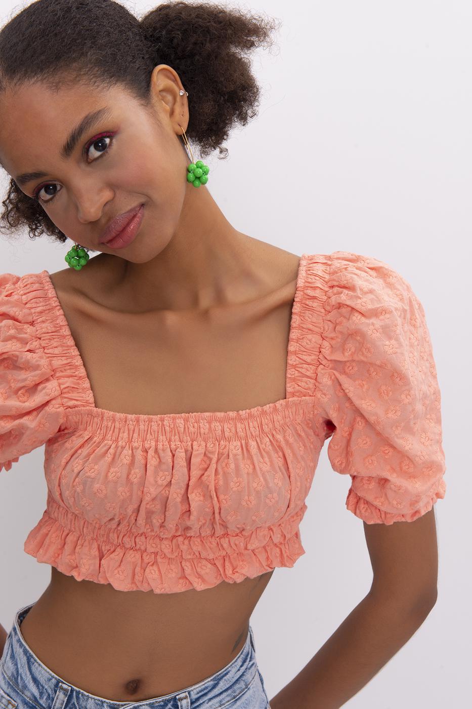 Bayan Somon Kare Yaka Detaylı Crop Bluz