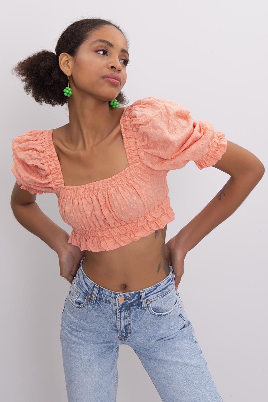 Bayan Somon Kare Yaka Detaylı Crop Bluz
