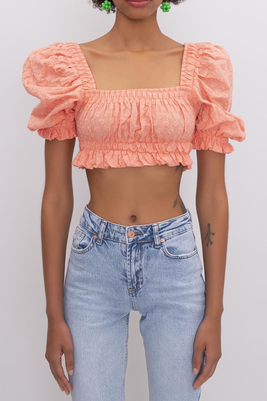 Bayan Somon Kare Yaka Detaylı Crop Bluz