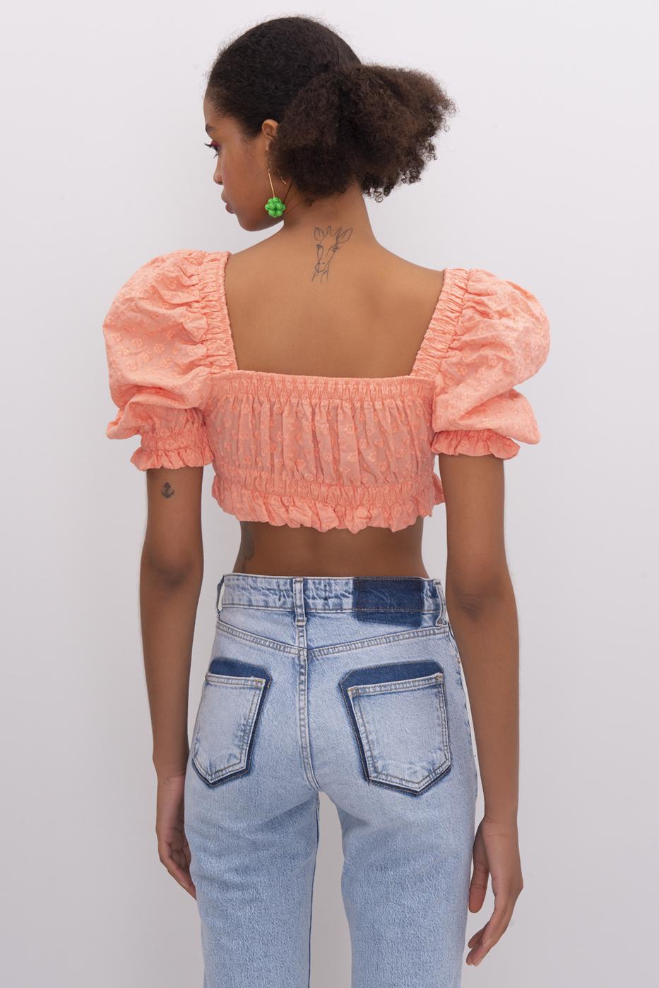 Bayan Somon Kare Yaka Detaylı Crop Bluz