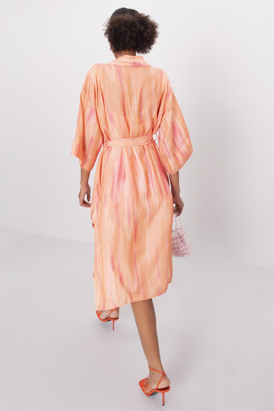 Bayan Somon Kuşak Detaylı Uzun Kimono
